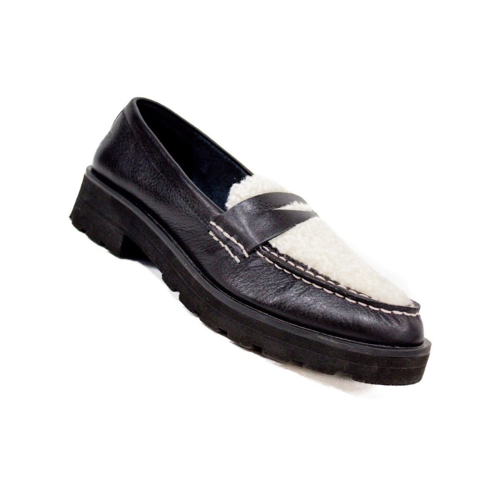 Sperry Chunky Penny Loafer Black Leather Cream Sherpa Women's Size 7-Lug Sole